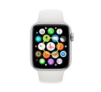 An Apple Watch home screen with the ECG app icon, a red heartbeat with a waveform, in the center