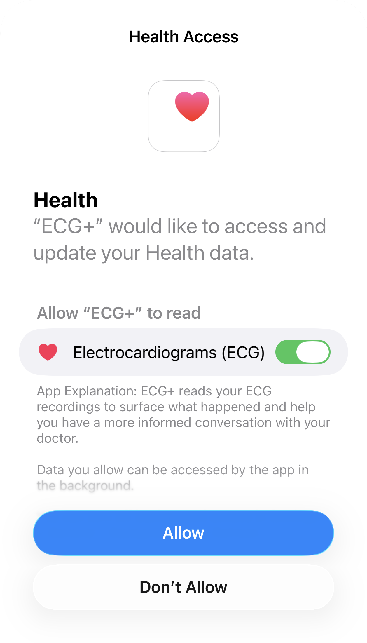 The Apple Health permission request shown by ECG+ on first launch, asking only to read ECG data and nothing else